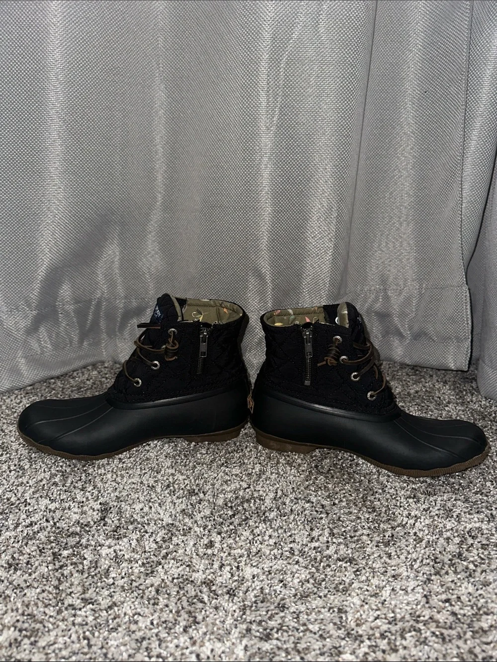 Sperry Black Quilted Duck Rain Boots with Brown Laces